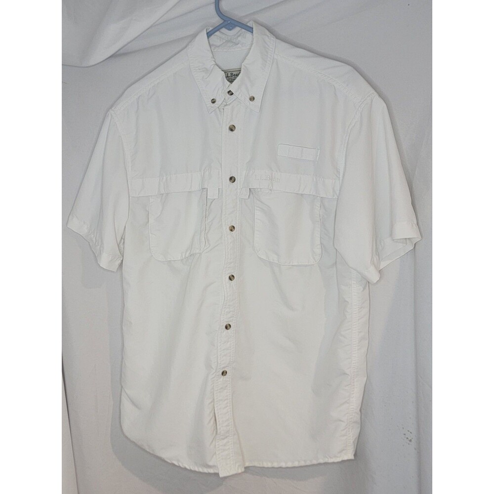 LL BEAN Mens Medium White Nylon Blend Outdoor Shirt Quick Dry Lightweight Hike
